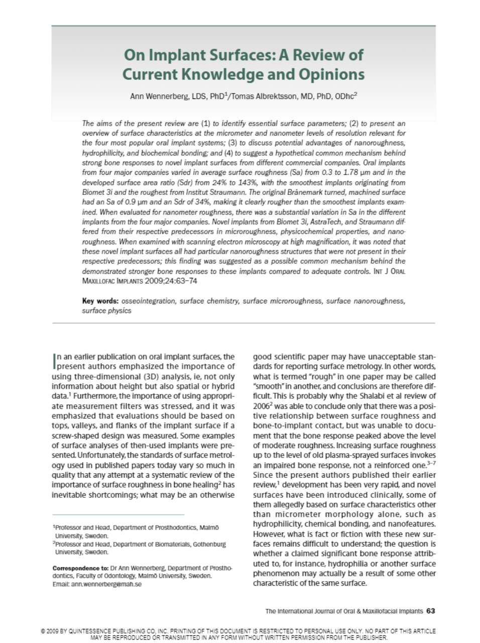 Int J Oral Maxillofac Implants 2010 Wennerberg